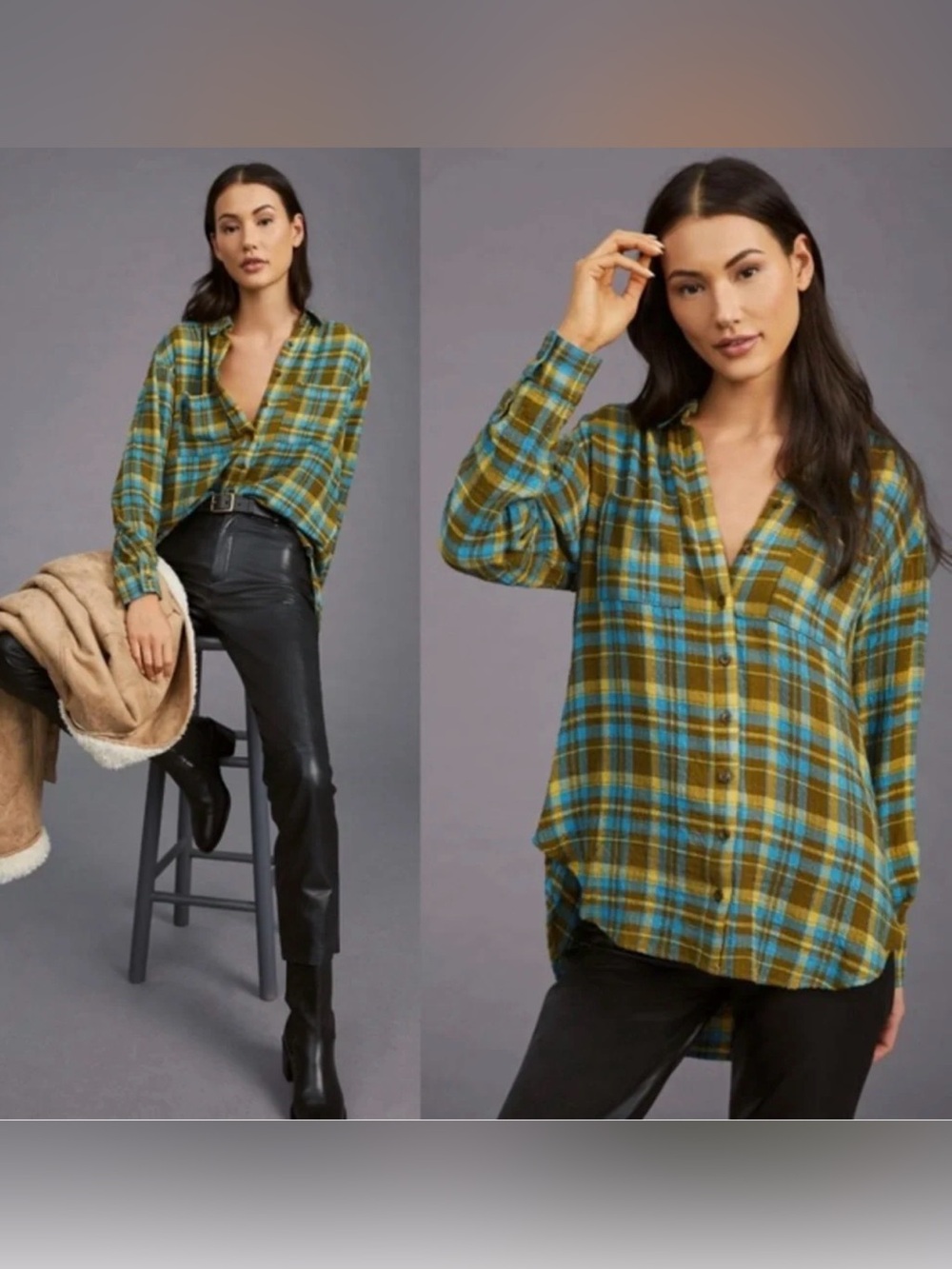 Pilcro Gauzy Plaid Button-Down Shirt in yellow/green/blue S